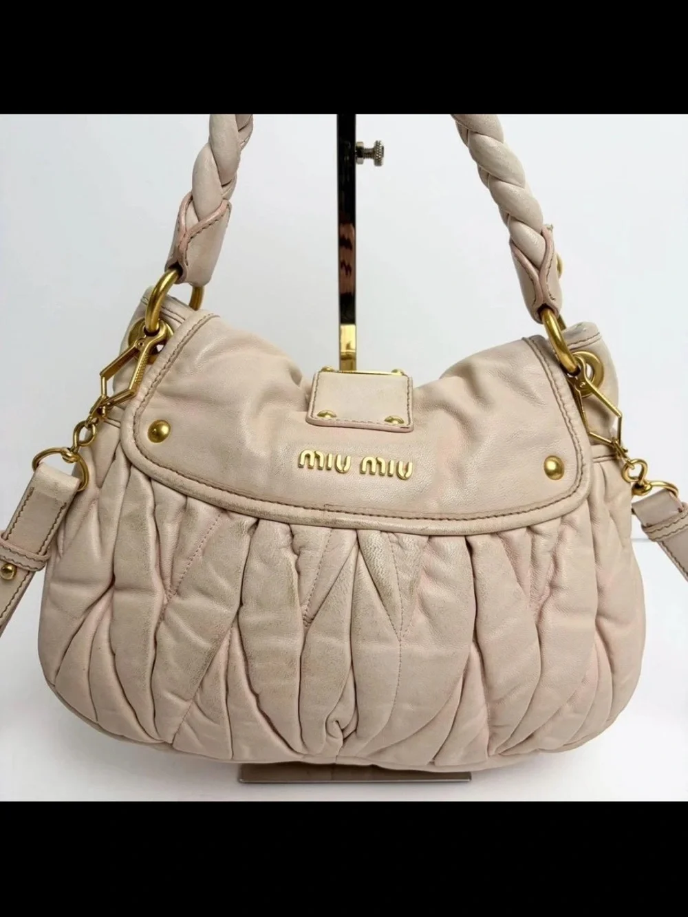 Miu Miu Ivory Leather Braided-Handle Shoulder Bag with Gold Hardware